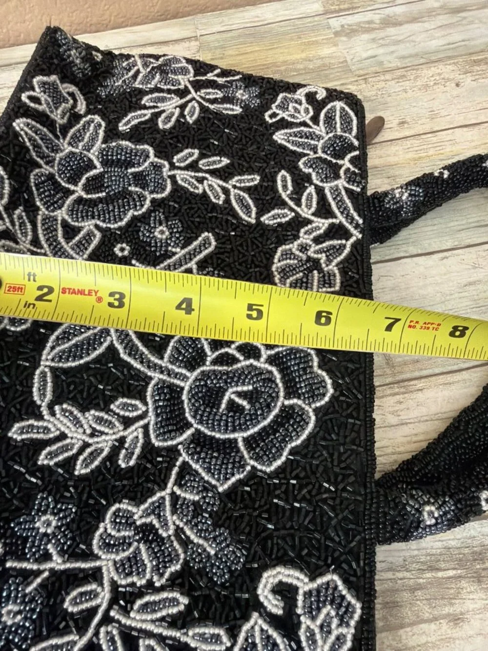 Vintage Black White Beaded Floral Evening Bag Top Handle Cocktail Purse - Picture 12 of 13